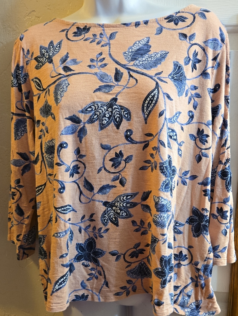 J. Jill Peach Long-Sleeve Floral Boatneck Top with Navy Print
